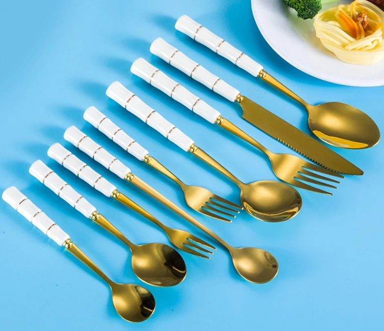 Bulk New Design Ceramic Handle Stainless Steel Flatware Set Knife Fork Spoon Gold Cutlery Set