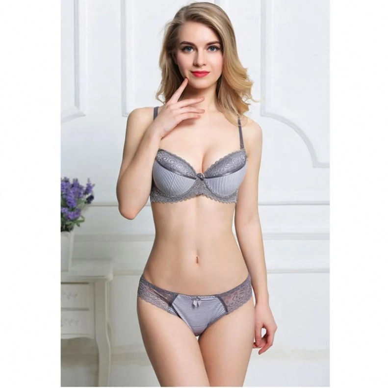  2021 new B C D E cup girl sexy gather breathable striped lace push up adjustable two piece bra and brief panty bras set