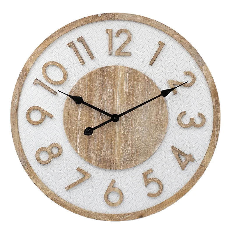 24inch Silent Non Ticking Open Dia Quartz Round Battery Operated Indoor Home Decoration Fancy Wall Clock Wooden