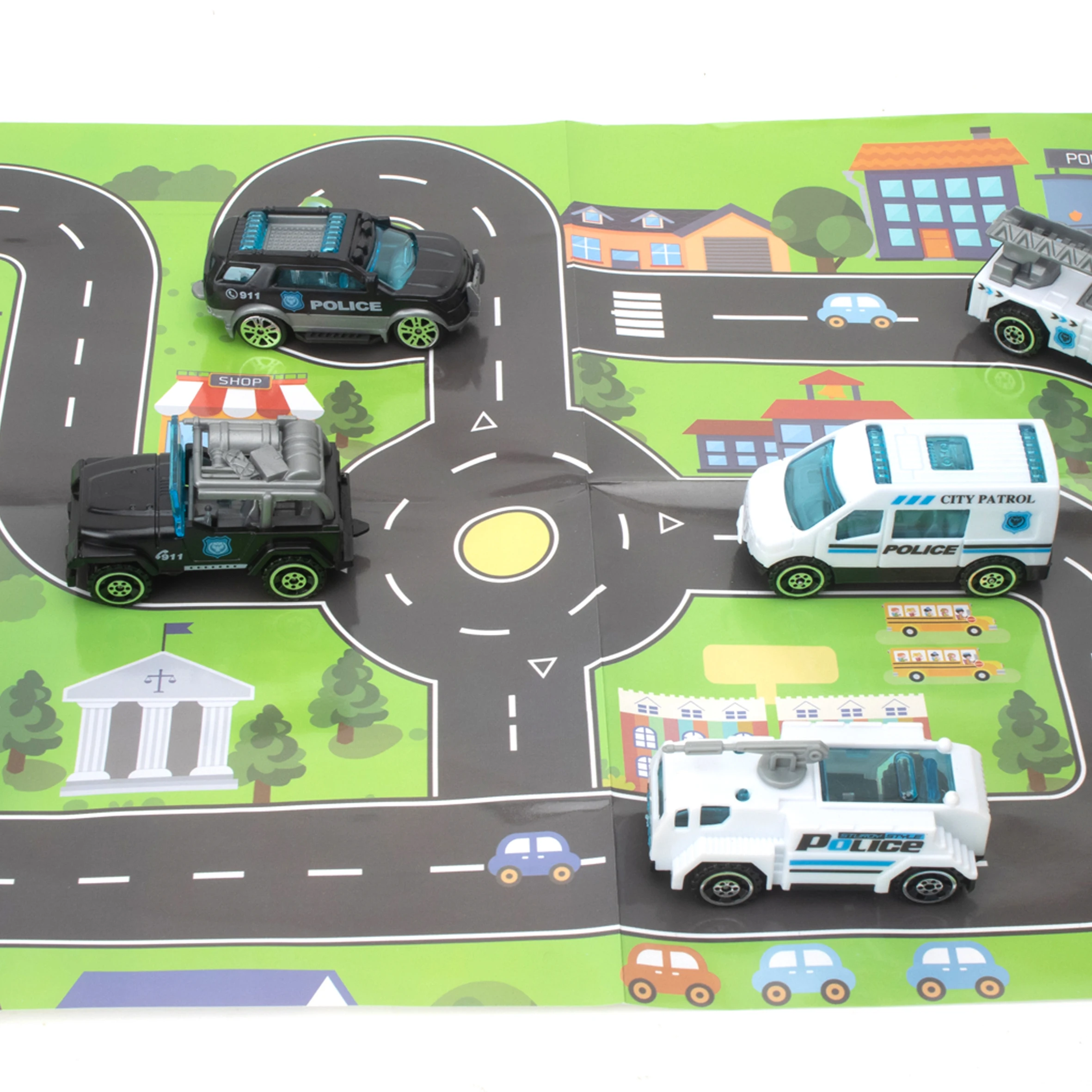New Design Wholesale Mini Military Interesting Cartoon Police Car Toys Cute Truck Model Set With Map 6 in 1 For Kids Gift