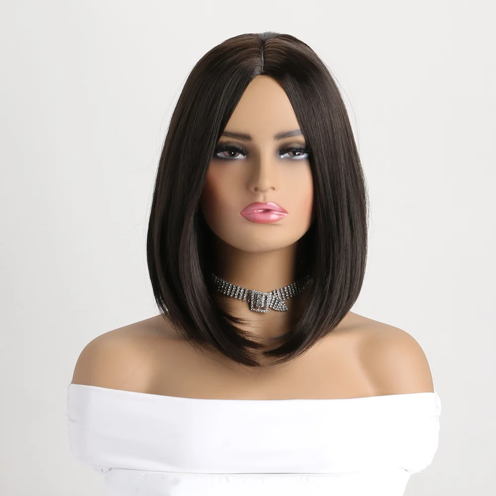 Heat Resistant Party Costume Wig Brown Black Straight Synthetic Hair  Short  Bob  Wig