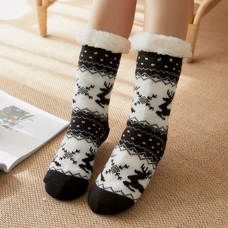 Womens Winter Thick Knit Sherpa Fleece Lined Thermal Fuzzy Slipper Socks With Grippers Christmas Fluffy Cabin Socks