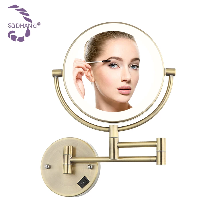 Modern Bathroom Double Sides Dual Arm Extend Wall Mounted Adjustable Magnifying Gold Mirror With Led Light