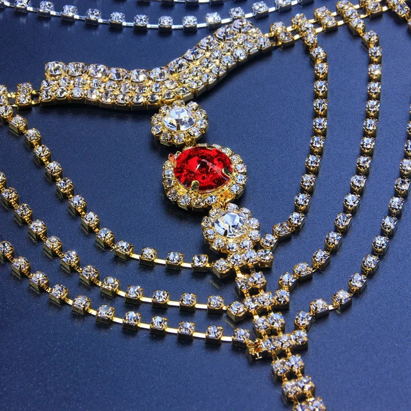 Sexy Underwear Red Crystal Thong Bikini Jewelry Panties for Women Belly Waist Chain Body Jewelry