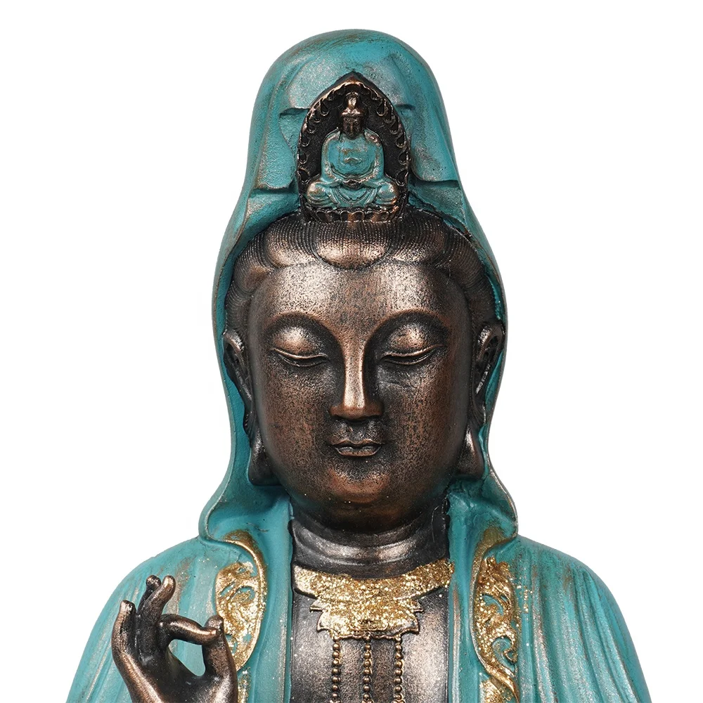 Asian style resin stone powder meditation sitting Kwan yin Buddha statue on lotus throne