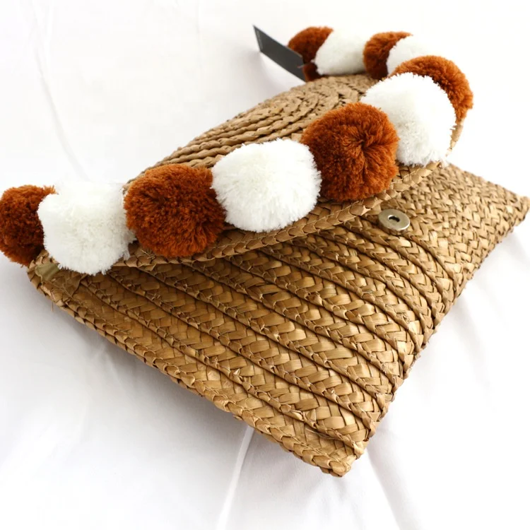 women wheat straw hand tote purses clutch bag and handbags with plush fur ball