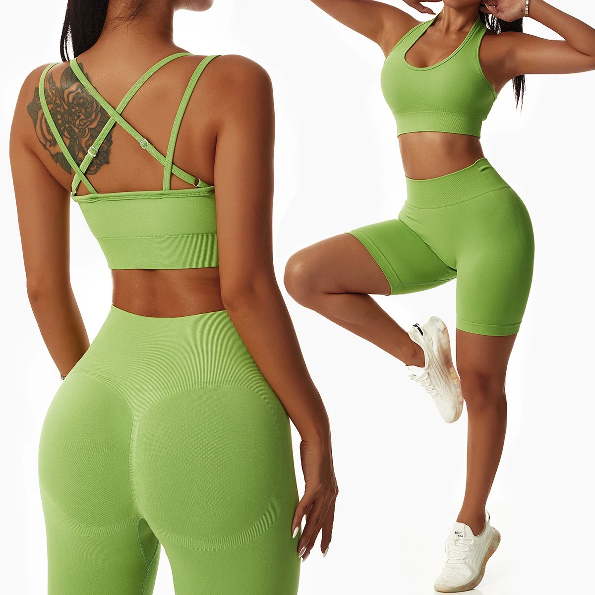 2/3/4 Pcs Sexy Summer Athletic Apparel Active Fitness Clothes for Women, Seamless Sports Bra + Scrunch Butt Shorts + Yoga Pants