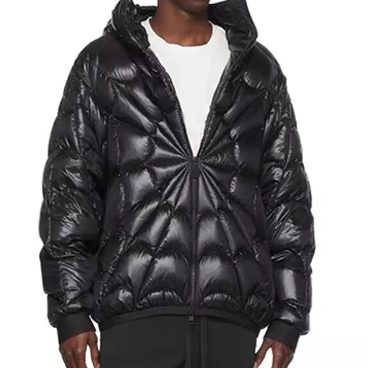 High Street New Fashion Custom Bubble Jacket for Men Spider Web Padded Cotton Men Winter Jackets Black Shiny Puffer Jacket