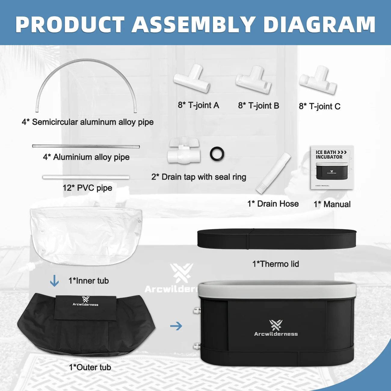 2024 Replaceable Inner Liner Oval Cold Plunge 385L Anti-air Leakage Ice Bath Tub Insulated Ice Pod Portable Foldable Ice Barrel
