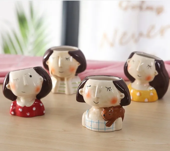 mini ceramic bust girl face vase plant flower pot girl