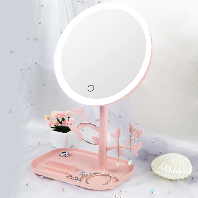 New arrival round plastic desktop vanity lights mirror portable table led makeup cosmetic mirror with light