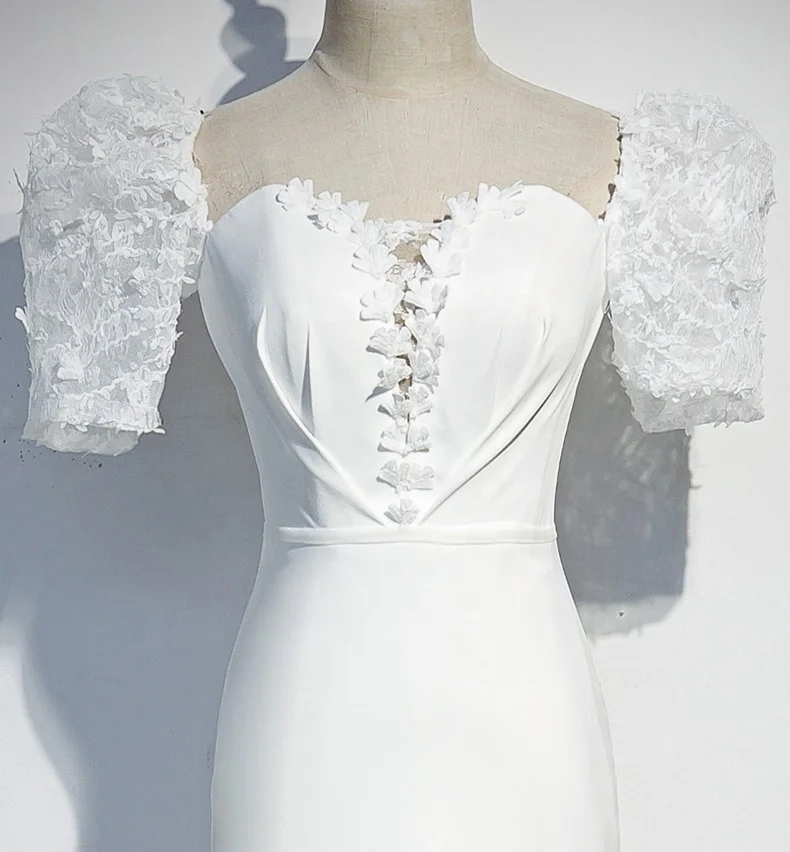 Elegant Short Sleeve Open Back Glass Crystals Beading Long Train Mermaid Wedding Dress white bridal gown