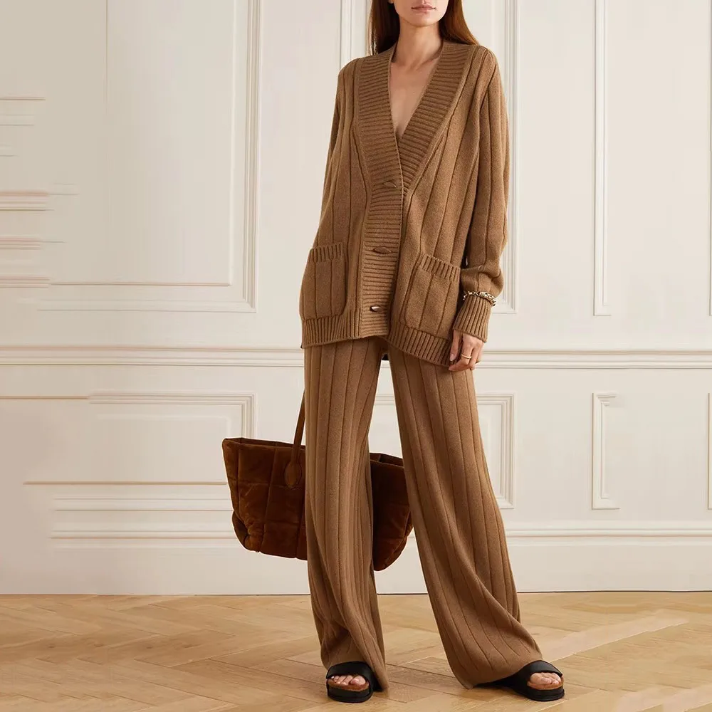 Fashionable Winter Set Two Piece Top And Pants Luxury Woman Wool Cashmere Sweater Loose Pants Sets Rib Cardigan Coat Oversize