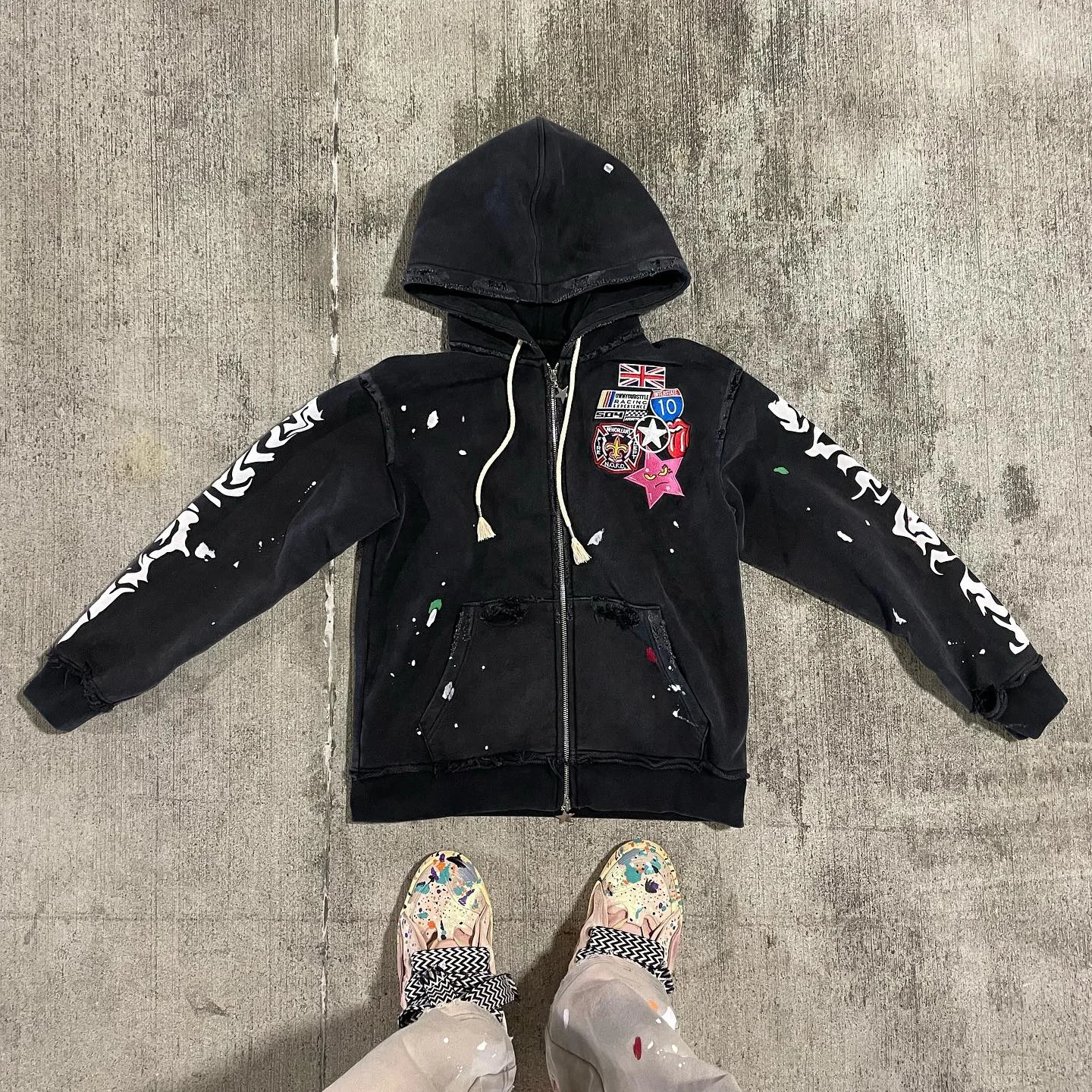 Custom Logo Wholesale Vintage Oversized Heavyweight French Terry Acid Wash Distressed Patch Up Graffiti Painting Zip up Hoodie