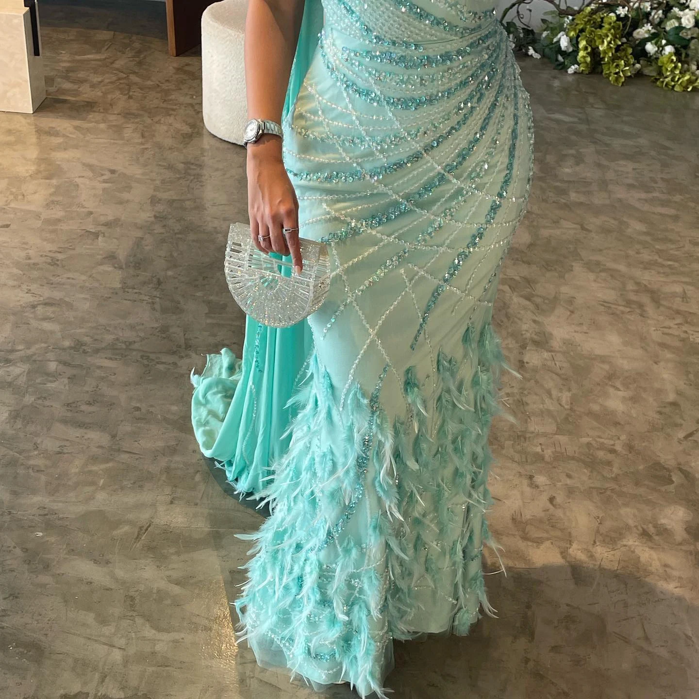 Luxury Feather Turquoise Aqua One Shoulder Mermaid Evening Dress with Cape Train Long Prom Wedding Party Gowns SZ498-2