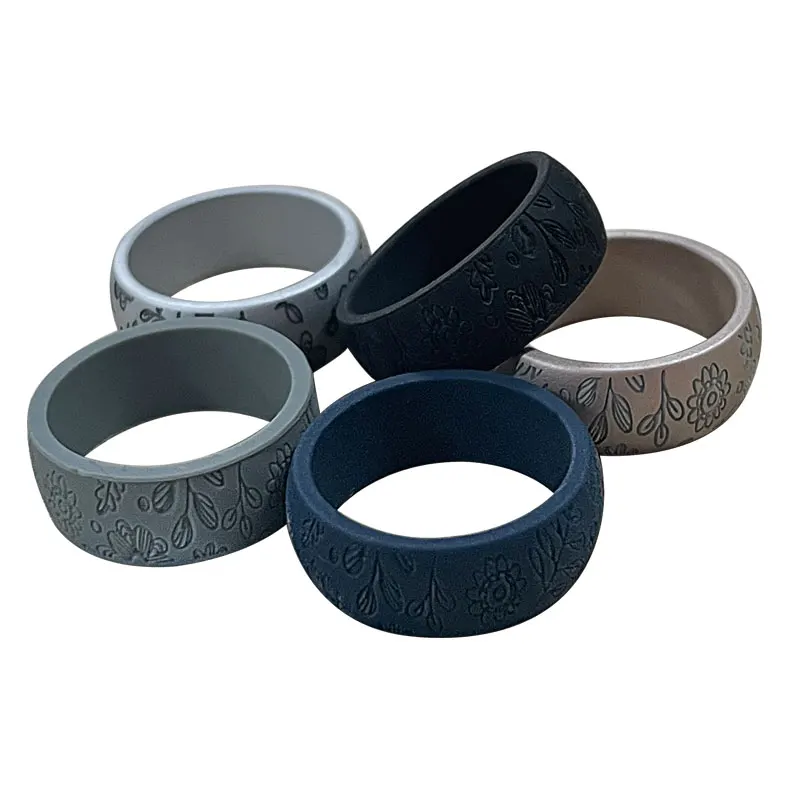 8.7mm Custom Engrave Flower Texture Silicone Rings Sports Wedding Rings Jewelry Silicone Couple Band Rings