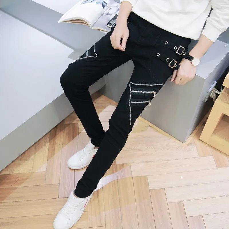 
Vintage streetwear metal rivets & buckles punk Men Joggers Trousers slim fit multi-zippers hip hop Pants 