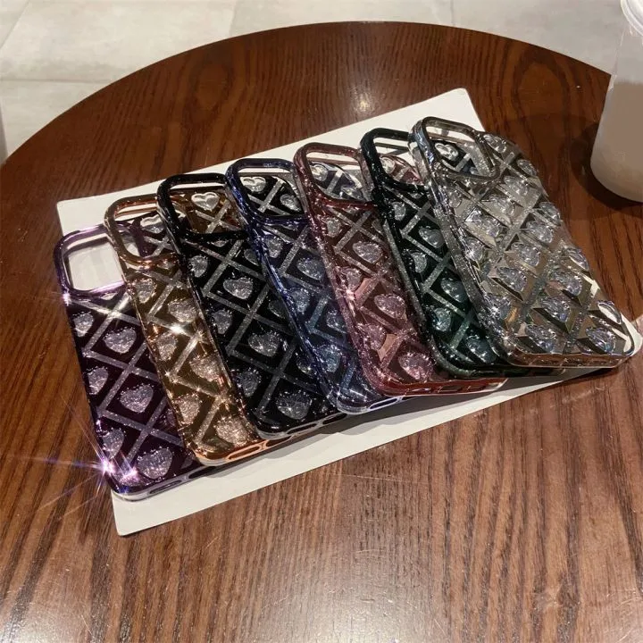 Deluxe Electroplate Rhombus Loving TPU Mobile Phone Case For iphone 15 14 pro max 13 12 11 Soft Protect Back Cover Shell