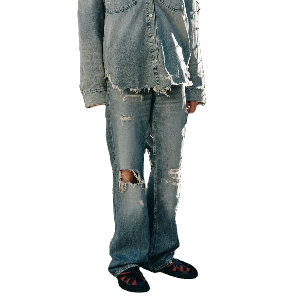 ZhuoYang Garment Fall 2024 Women Straight Fit Denim Jeans Casual Basic Highwaist Ripped Blue Wide Leg Ripped Jeans Womens