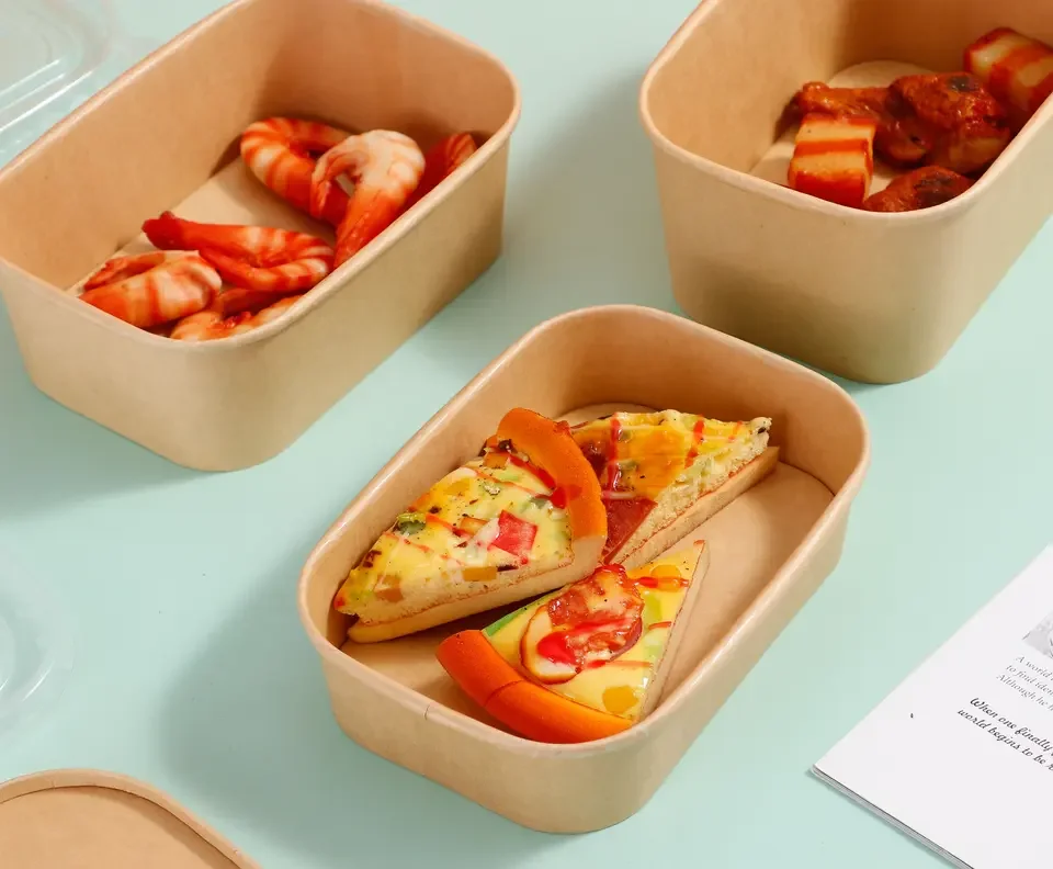 Eco Friendly Disposable Rectangular Square Kraft Paper Salad Bowl Take Away Food Container Microwavable Rectangular Paper Bowl