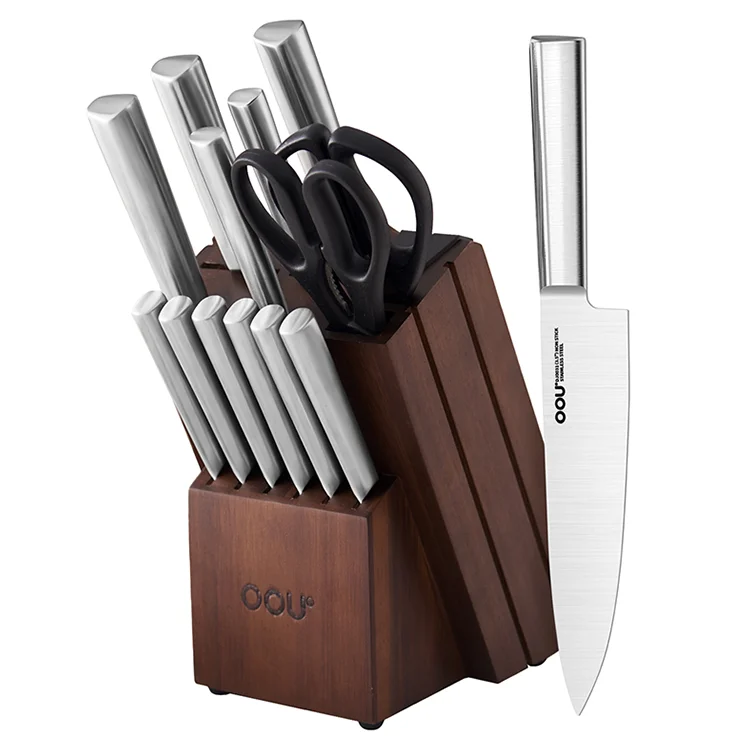 OOU Source Manufacturer 15Pcs Oxidation Anti-Rusting Wooden Knife Block Stainless Steel Kitchen Carving Sharp Knife Chef