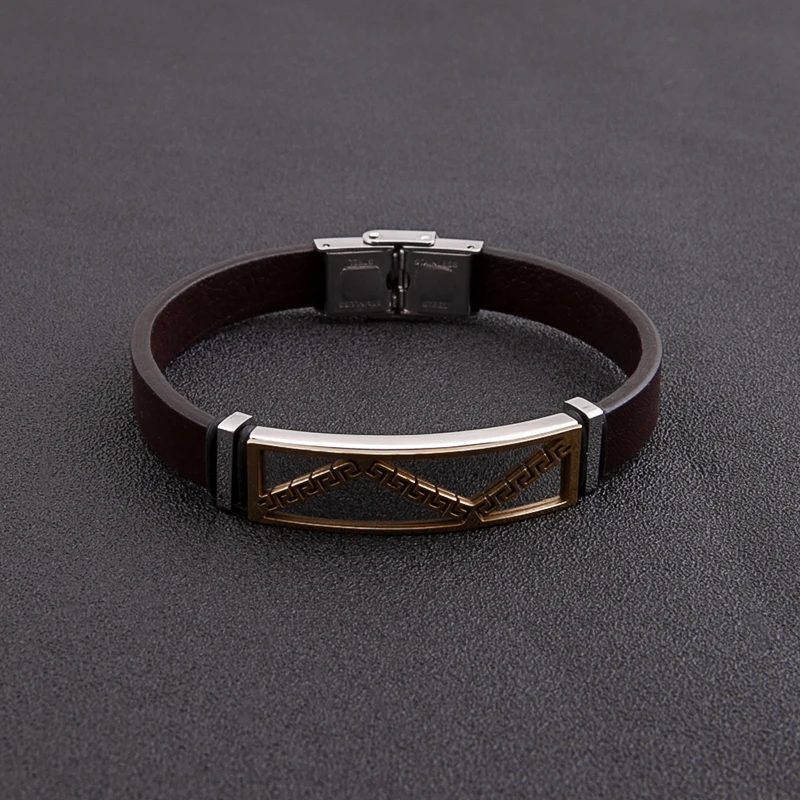  Punk high quality leather bracelet jewelry Custom LOGO stainless steel gold plated bangle for