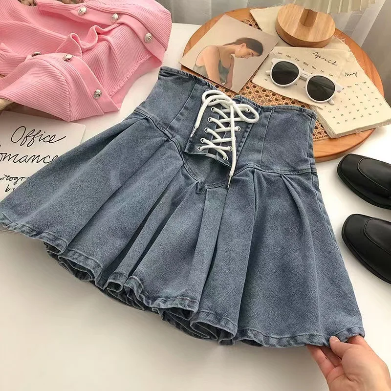 10 Year Stretch Denim Cotton Kids Girls Princess CROSS STRAP ELASTIC WAIST SKIRT Ruffles Mini Dresses