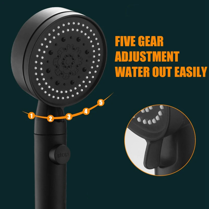 GEE-N High Pressure Rain Fall Round Water Saving Hand Shower Abs Black Shower Head With 5 Mode Function