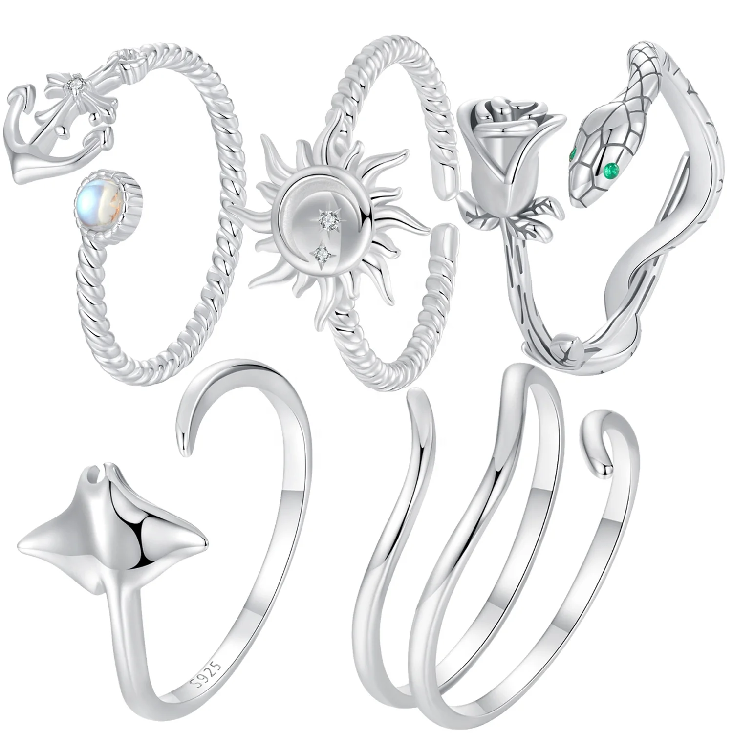 925 Sterling Silver Manta Anchor Open Ring For Women Snake & Rose Sun Ring Adjustable Jewelry Ocean Silver Ring