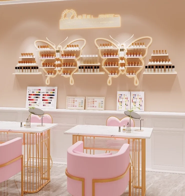 Salon Furniture Wrought Iron butterfly-shaped Manicure Shelf Wall Hanging Nano Gold Wall Rack Nail Polish Display Stand