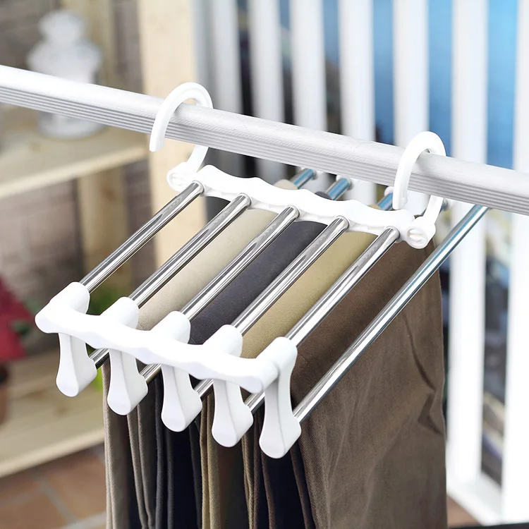 Newest hot sale wardrobe multi-functional 5 in 1 pant rack shelves plastic metal stainless steel magic hangers