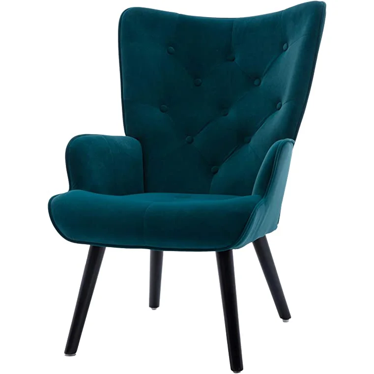 Velvet Accent Chair Modern Tufted Button Chair with Arms Upholstered Tall Back Solid Wood Legs for Living Room and Bedroom
