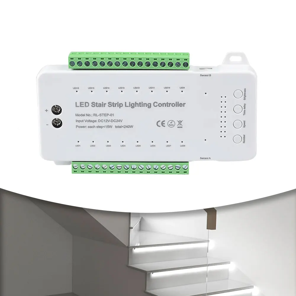 16-way dc12-24v stairs step led strip light controller motion sensor indoor staircase lighting system