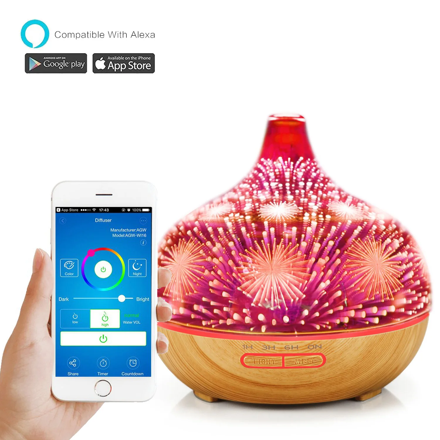 Tuya Smart Wifi 3d glass aroma diffuser/400ml Essential Oil Aromatherapy Ultrasonic Air Diffuser Humidifier/Air Humidifier