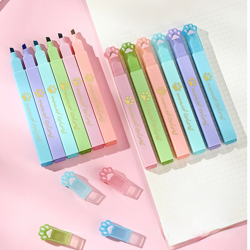 New Cute Cat Claw Highlighter Marking Key Point Marking Pen Office Stationery Highlighters 6 Colors