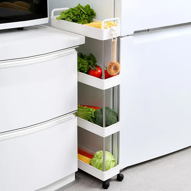 High Quality 3 Layer Trolley Multifunctional Slide Out Slim 3 Tier Storage Cart with Hooks for Kitchen Bathroom Living Room