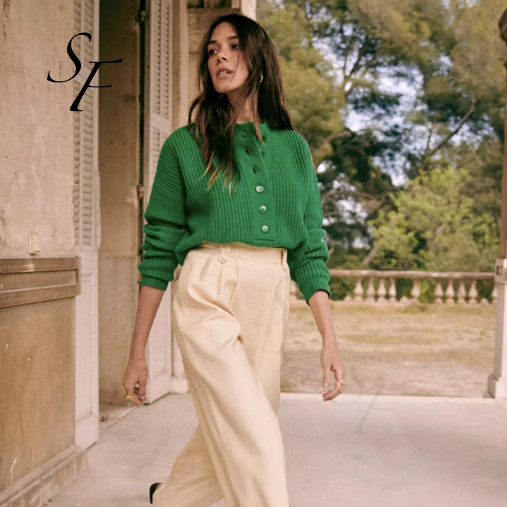 Custom autumn winter merino wool long sleeve high neckline pullover button placket beaded rib knit jumper for women