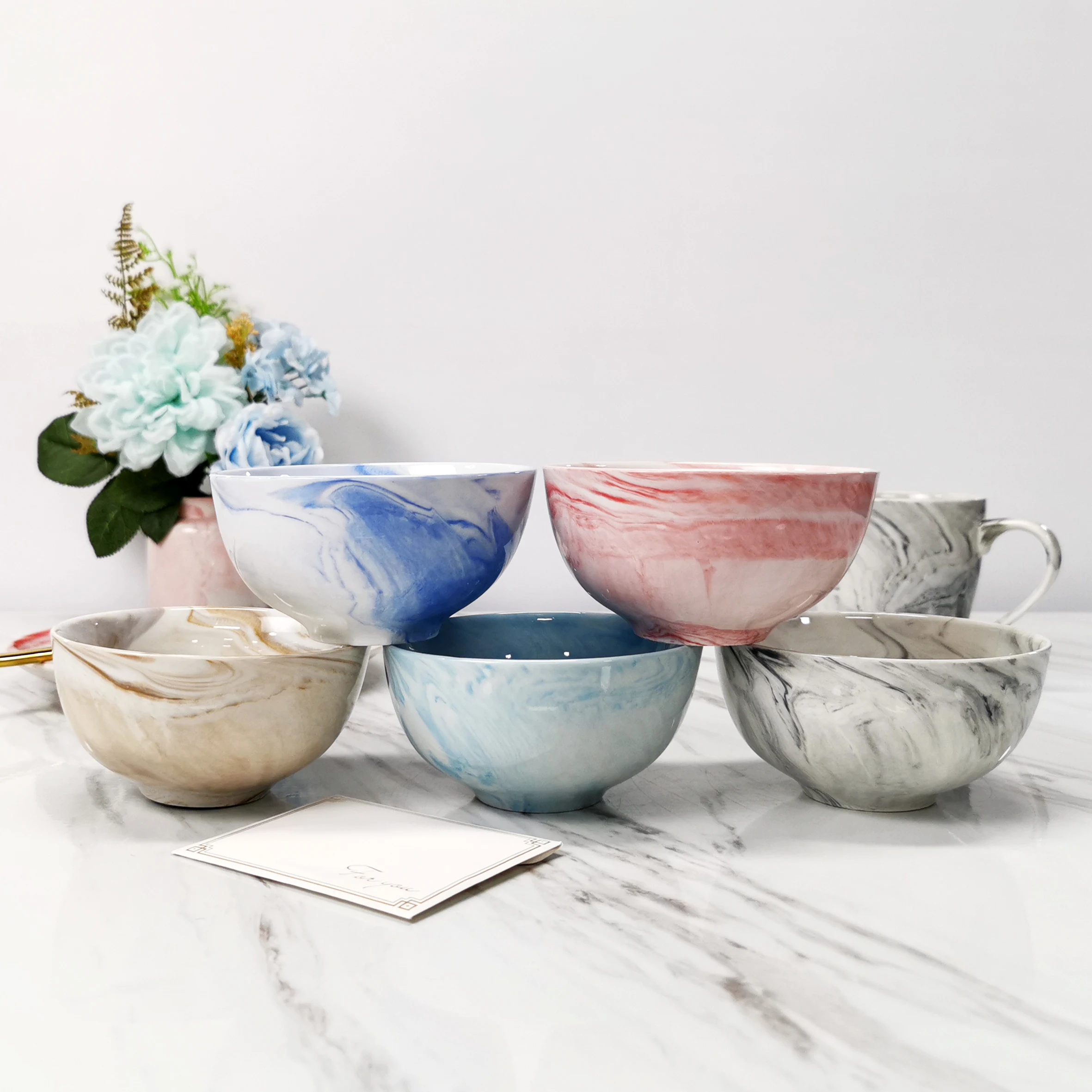 Большая круглая миска WKTB001 с серым черным мраморным рисом фарфоровая для супа лапши хлопьев салата фруктов макаронных изделий логотипом