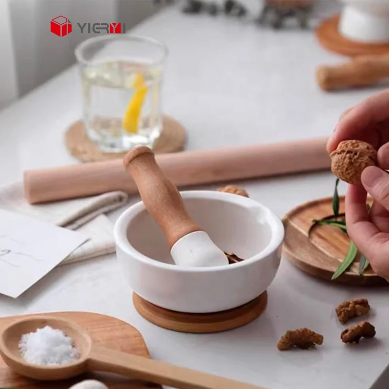 Wooden Kitchen Mills Set with Pestle & Mortar Garlic Masher Herb Spice Mixing Grinder Crusher Bowl for Smashing Tools