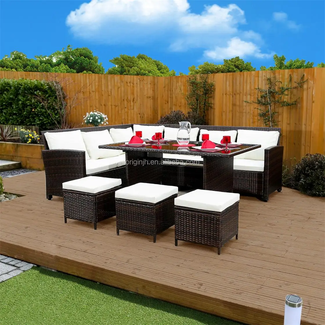 Garden L shape woven rattan corner set rectangular dining table set luxury outdoor furniture hotel sofa chair