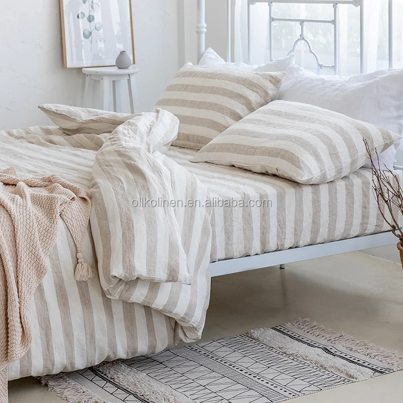 stripe hotel bedding set stone washed king size  belgium pure  french 100% linen flux sheet sets