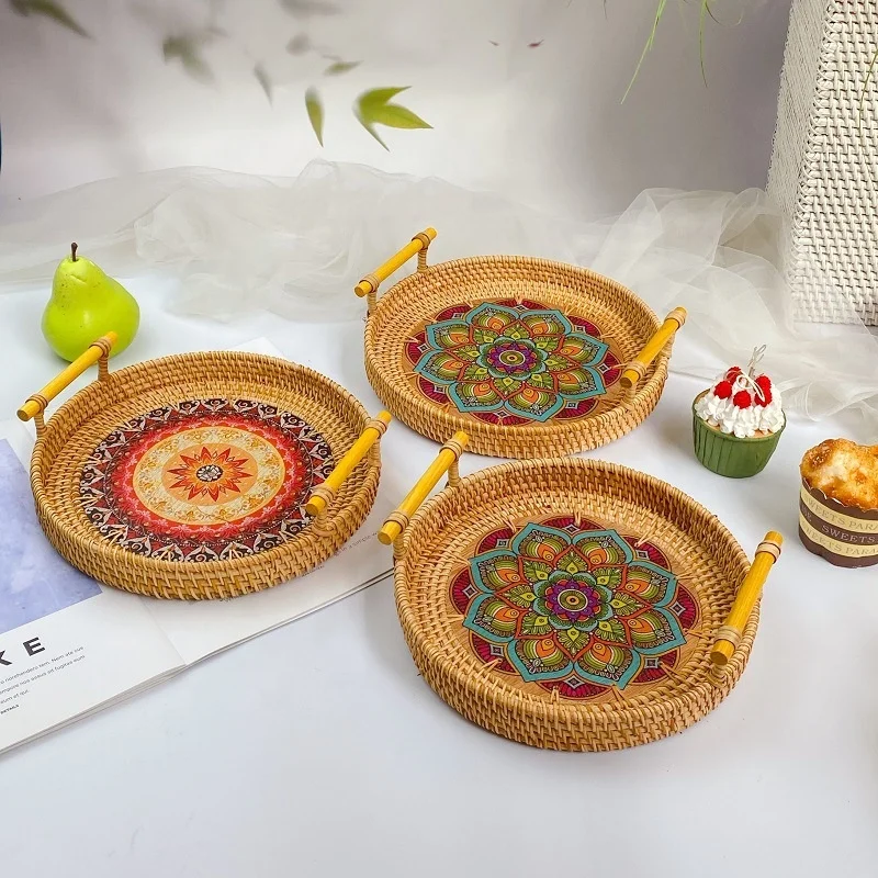 Wholesale Woven Round Decoration Serving Tray Set Vietnam Small Rustic Vintage Rattan Trays