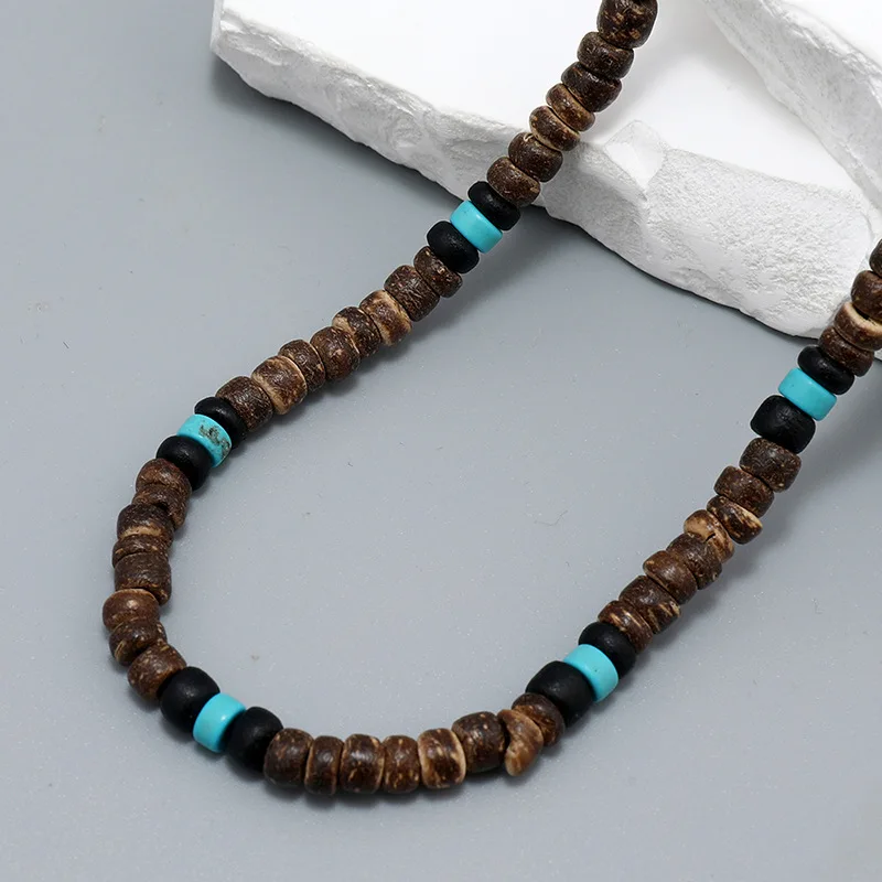 Boho Handmade Hawaii Beach Coconut Shell Beaded Necklace Fashion Natural Turquoise Stone Surfing Necklace For Men