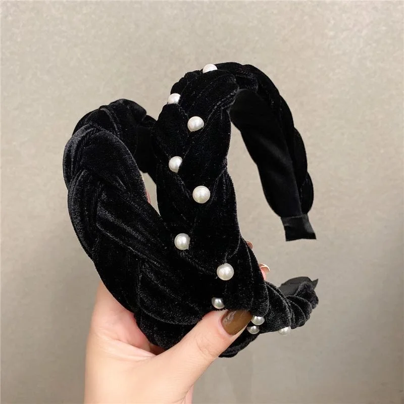 2024 black velvet twist pearl braid hair band women girls hair accessories