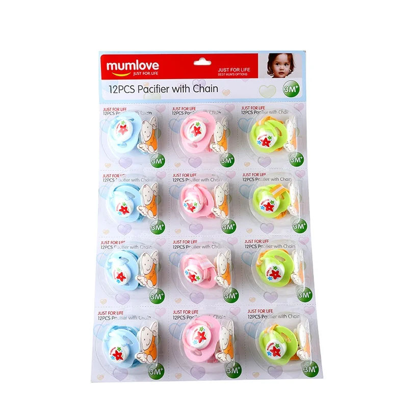 Hot Selling On Online Plastic Large Adult Baby Funny Pacifier 12pcs blister packing pacifier with chain