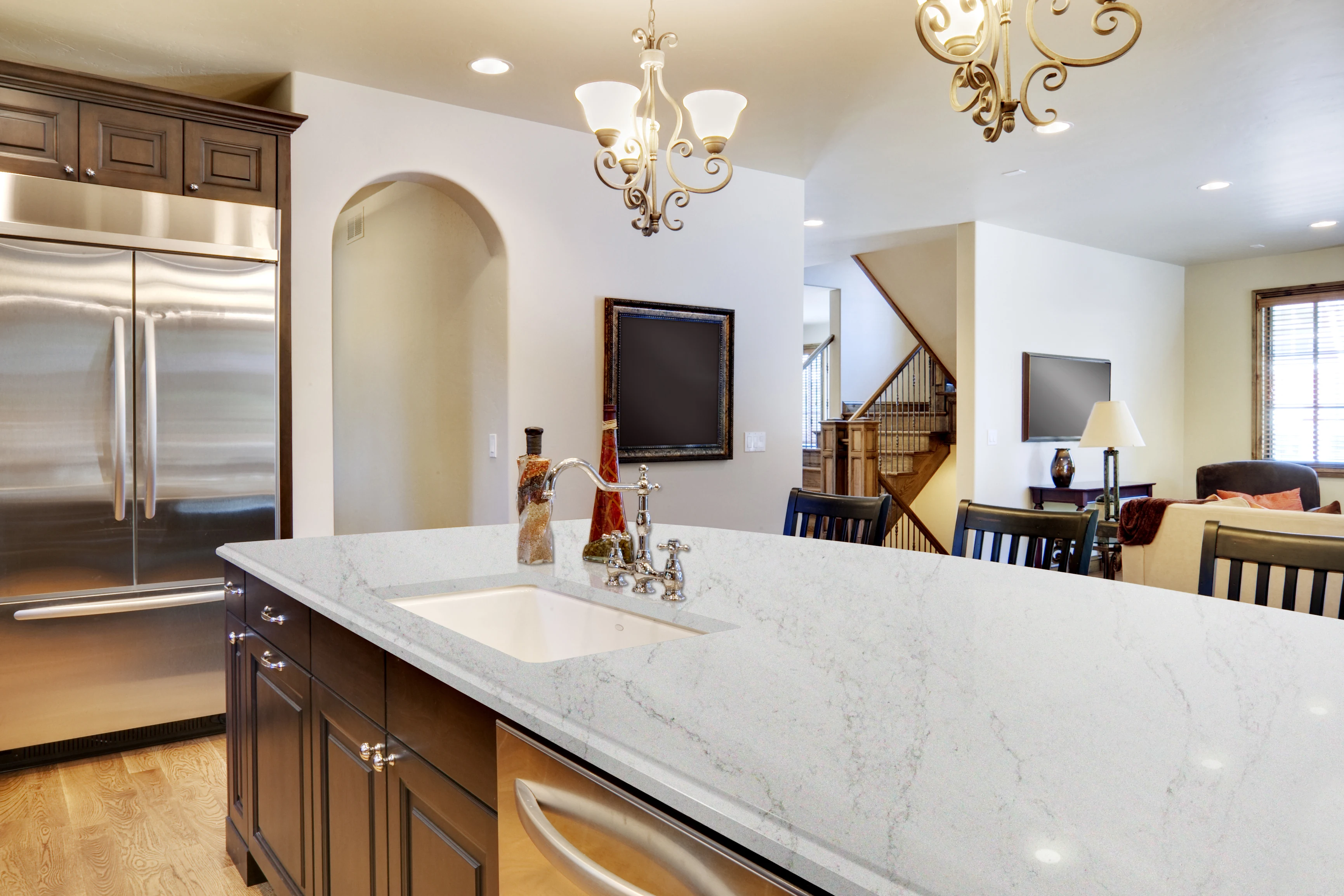 
High glossy natural marble looking artificial quartz stone for kitchen countertop 