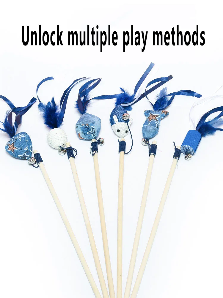 Blue feather bell wooden rod teasing cat stick pet interactive movement toys