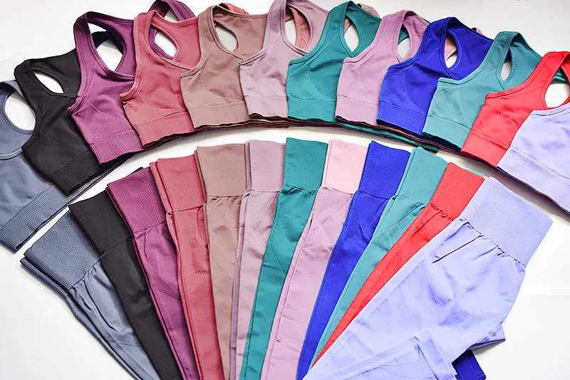 Wholesale Gym Apparel Ribbed Seamless Woman Gym Sets Workout Outfits Yoga Women Leggings for Women 2 Piece