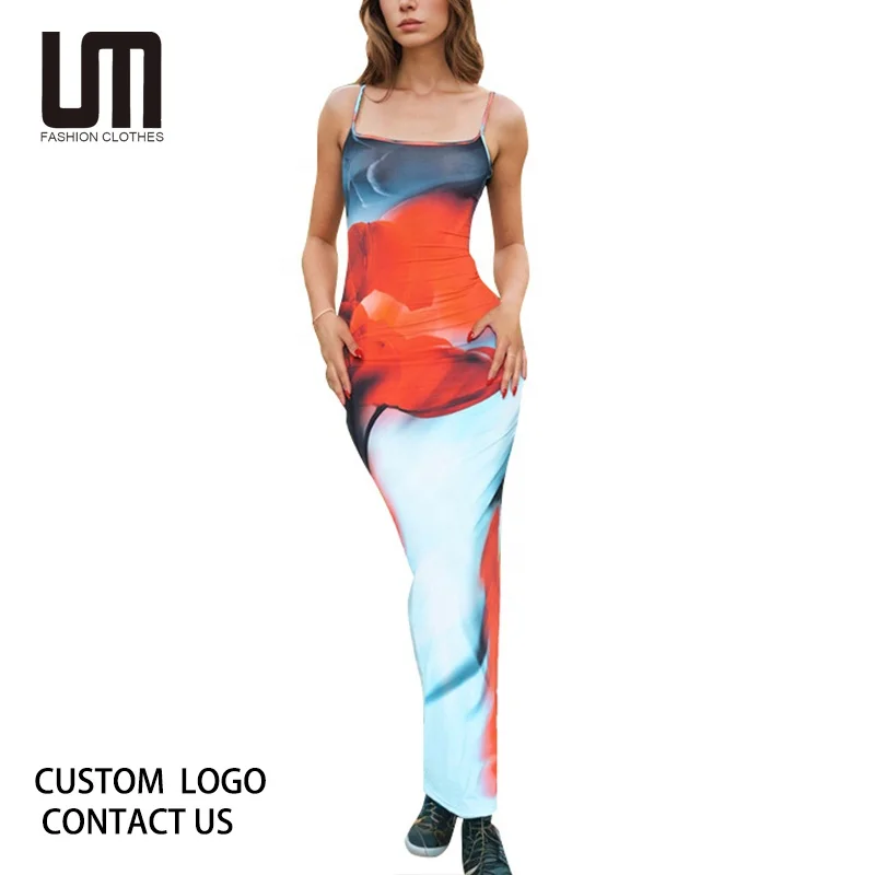 Liu Ming Dropshipping Products 2024 Summer Casual Backless Holiday Flower Printed Beach Party Long Bodycon Dress For Women