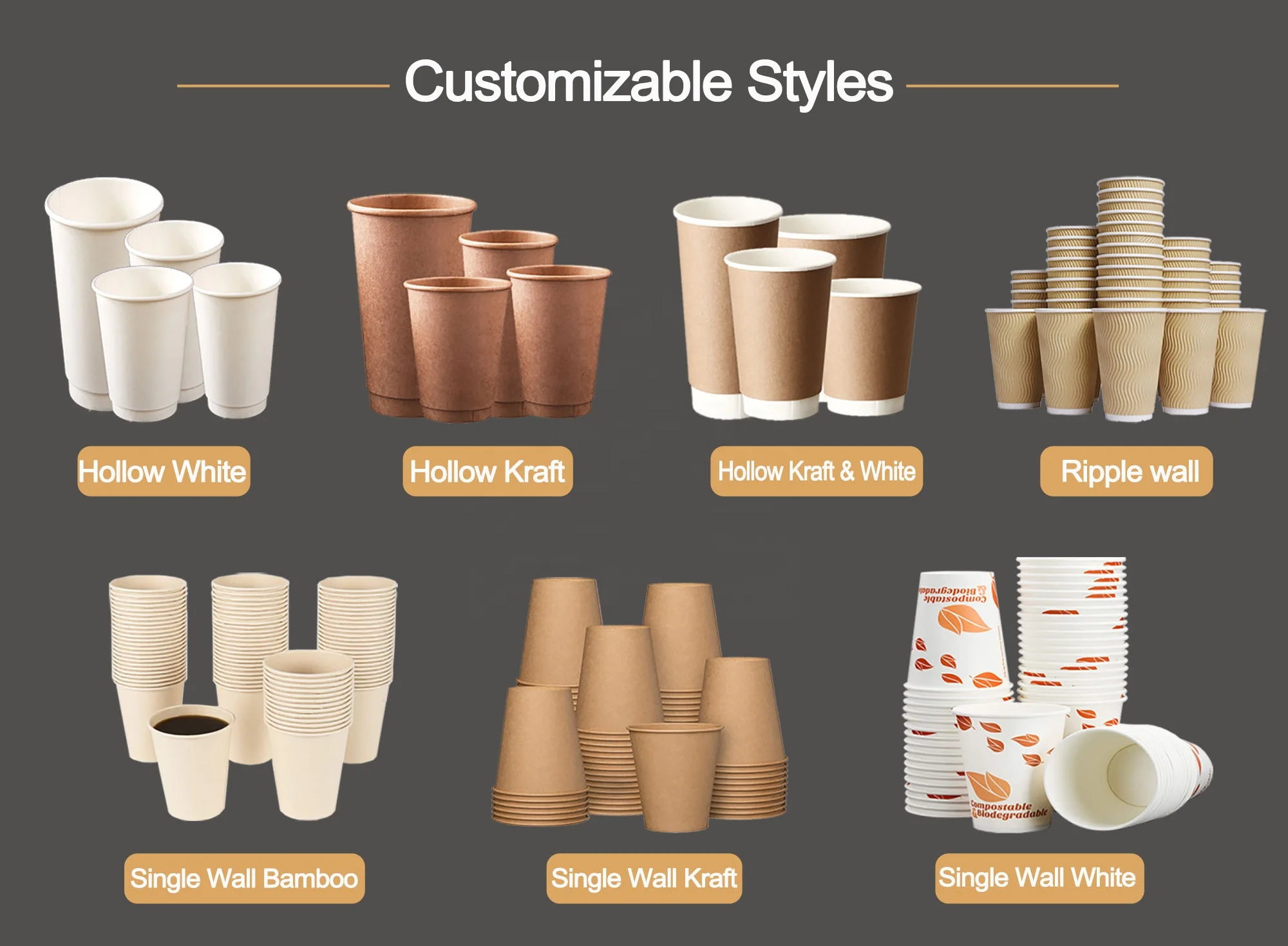 100% Plastic Free Coating 8oz 12oz 16oz Disposable Single Double Wall Paper Cup Paper Coffee Carton Cup
